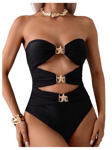 WDIRARA Women's Cut Out One Piece Swimsuit Strapless Bandeau Swimwear Bathing Suit