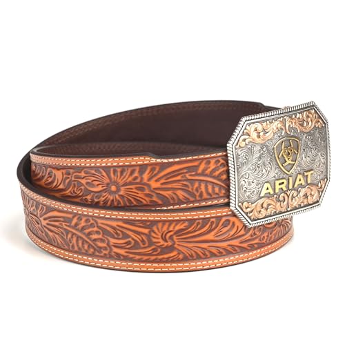 ARIAT Tan Genuine Leather Men's Tapered Belt with Embossed Floral Body A10422082