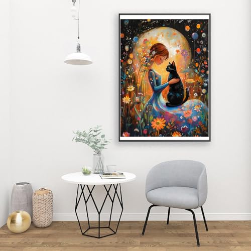 Image of Clendo DIY Paint by Numbers Kit for Adults Beginners, Cat and Moon Adult Paint by Numbers on Canvas, Acrylic Painting Crafts for Home Decor (16x20inch)