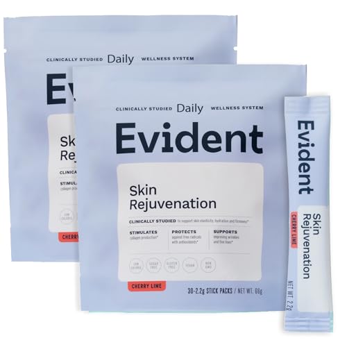 EVIDENT WELLNESS Skin Rejuvenation Powder – Collagen Supplement w/Resveratrol, Sodium Hyaluronate, CollaBZEn, Vitamins C & E – Supports Elasticity, Hydration, Firmness – 2 Pack, 30 Sticks Each
