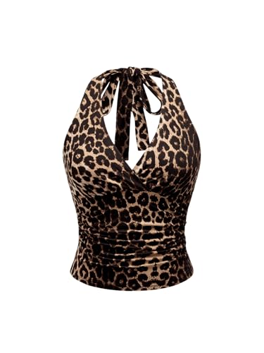 GORGLITTER Womens Sleeveless Crop Halter Neck Top Leopard Print Top Brown