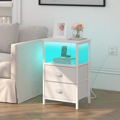 Image of sthmec Nightstand with Charging Station, LED Night Stand with 2 Fabric Drawers PU Finish, Bedside Table End Table with LED Light, 3-Tier Storage Side Table Nightstand with Drawers for Bedroom,White