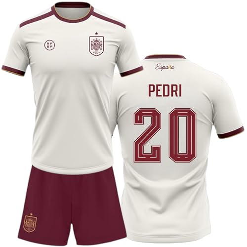 Champion's City Kit España Mundial 2026 2028 | Réplica Camiseta y pantalón | Pedri 20 | Color Blanco y Granate | Conjunto fútbol para Adulto y niño