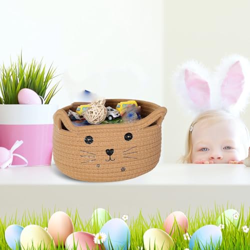 Zopeal Cat Basket Storage Woven Organizer with Ears Christmas Decorative Pet Toy Cute Cotton Rope Basket for Gift Cat Dog Toy Bin Nursery Room(8.3 x 4.7 Inch,Khaki)