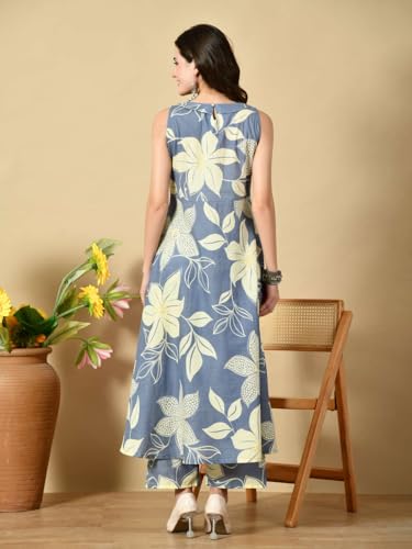 Image of Amazon Brand - Tavasya Women Rayon Anarkali Kurta Pant Set | Floral Printed Ethnic Kurta Set | Sleeveless Flared Anarkali Kurta with Pant | Casual
