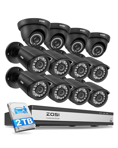 ZOSI 16CH 3K Lite Security Camera System with 2TB HDD,AI Human/Vehicle Detection,Night Vision,Remote Access,H.265+ 16 Channel 5MP Lite HD-TVI DVR with 12PCS 1080P Outdoor Indoor Surveillance Cameras