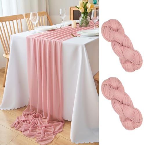 DecorMommt Conjunto de 2 caminhos de mesa de chiffon rosa antigo, caminhos de mesa centros de mesa decoração, caminho mesa para casamento aniversário festa centros de mesa sala de jantar decoração, 77