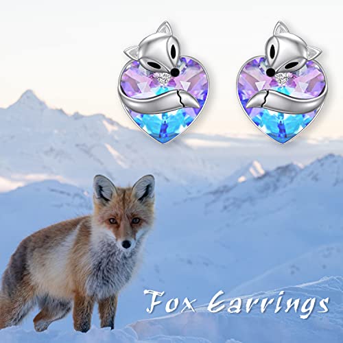Fox Earrings For Women Sterling Silver Fox Studs Jewelry With Purple Heart Crystal From Austria, Fox Jewelry Gifts For Women Girls Fox Lovers #TOP1