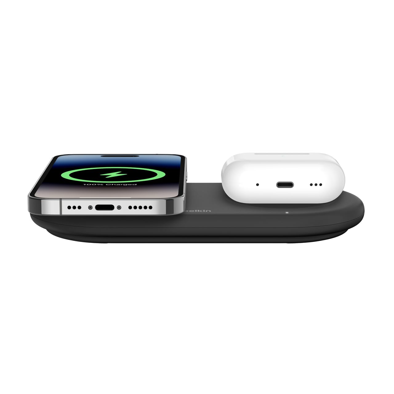 Belkin BoostCharge Pro kabellose 2-in-1-Ladestation mit magnetischem Qi2, 15W, Schnellladegerät, Wireless Charger für iPhone 17, Air, 16, Pixelsnap, AirPods und MagSafe-fähigen Geräten – Schwarz