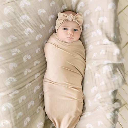 Image of GRSSDER Newborn Swaddle Blanket, Ultra Soft Jersey Receiving Blanket with Matching Headband and Beanie Set 33x44 inch, Stretchy Baby Neutral Swaddle Wrap for Girls and Boys