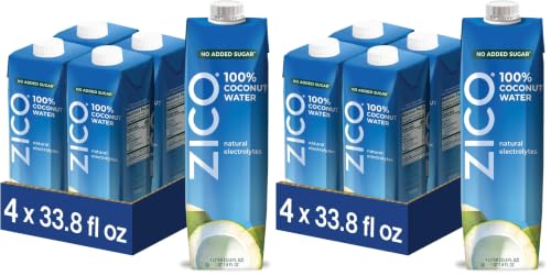 Zico 100% Coconut Water,No added Sugar,Refreshingly Delicious,Hydration with Electrolytes,33.8 Fl Oz,(Pack of 8)