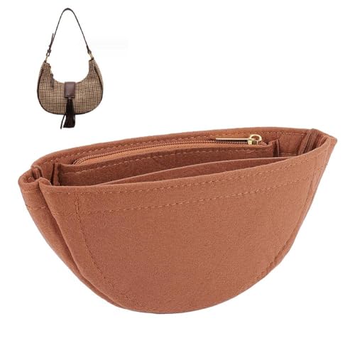 WADORN Small Felt Purse Organizer Insert, 22x10x4.6cm Arc Shape Purse Organizer Underarm Bag Shaper with Zipper for Extra Small Loop Hobo Bags, Brown