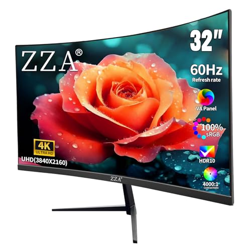 ZZA 32 Inch 4K 1500R Computer Monitor, UHD (3840 x 2160) 60Hz Ultra-Clear Screen, 100% sRGB,Eye Care Screen with HDMI, DisplayPort for Home and Office, VESA(100x100mm)