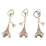 AKOOSY Llavero de Metal Torre Eiffel Gemas de Imitación, Set 3 Piezas en Azul Claro y Rosa, Recuerdo Francés Pequeño para Bolso y Mochila, Obsequio Temático de Viaje y Fiesta