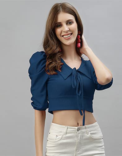 Image of Mehrang Women's Solid Ribbed Crop Tank Top Ribbed Tops for Women V-Neck 3 /4th Balloon Sleeves
