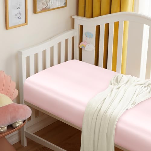 Image of Entisn 28x52 Satin Fitted Crib Sheet 2 Pack, Baby Pink and Light Purple | 8-Inch Deep Pocket Snug Fit, Silky Satin Protects Hair And Skin, No-Slip Reinforced Edges, Machine Washable Fade-Resistant
