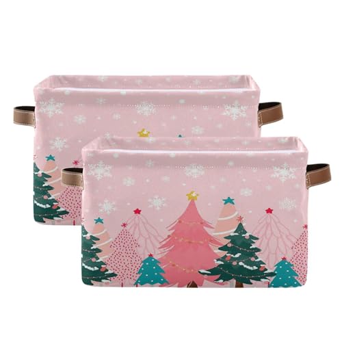 Christmas Tree Pink Storage Basket with Waterproof Liner and PU Handles Winter Snowflakes Xmas Bells Storage Bins Boxes 14.2" Collapsible Decorative Organizer Baskets for Bedroom Closet Office 2 Pack
