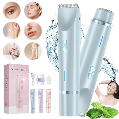 Glow Aura - Afeitadora de doble cabeza 2 en 1, recortadora de bikini impermeable Ipx7 para mujer, afeitadoras recargables por USB para mujer, piernas, brazos, axilas, zona púbica, húmedo y seco (azul)