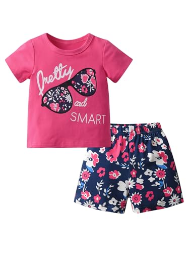 Zoputey Baby Girl Summer Outfit Set Letter Print Short Sleeve Tops + Shorts, Pink, 2-3 Years