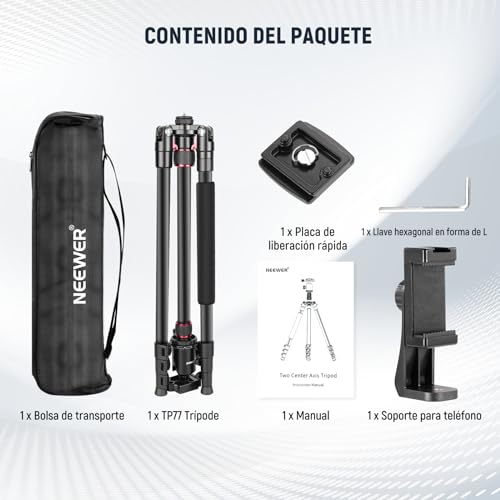 Miniatura 9 de Neewer 77 197cm Trípode Monopod De Cámara Para Dslr, Teléfono, Con Cabeza De Bola Panorámica De 360 , Columna Central De 2 Ejes, Arca Tipo Qr Placa, Aluminio Ligero Trípode De Viaje, Máx Carga 15,4kg