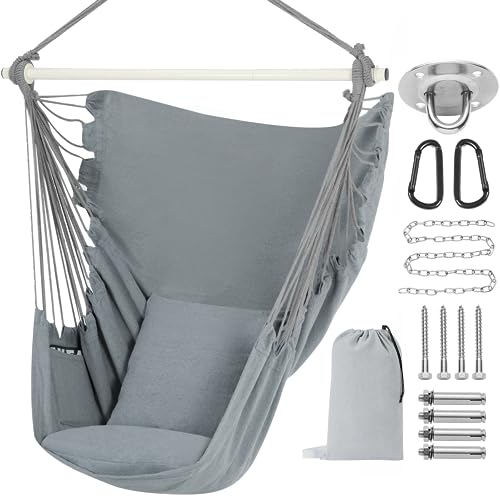 PNAEUT Hammock Chair Hanging Rope Swing, Max 500 Lbs, Hanging Chair with Pocket, 2 Cushions Included, Steel Spreader Bar with Anti-Slip Rings, Hardware Kits and Bag, for Indoor Outdoor (Light Grey)