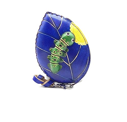 Genuine Leather Homemade Caterpillar on leaf Coin Pouch Removable Wrist Strap (Blue)