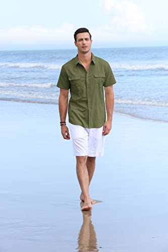 Pengfei Mens Short Sleeve Shirts Linen Cotton Button Down Tees Spread Collar Plain Shirts A-Army Green #TOP4