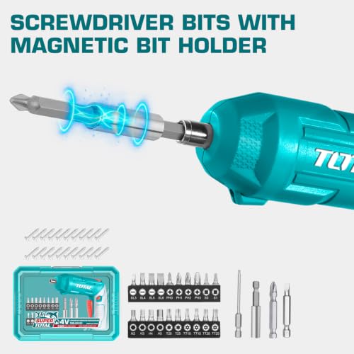 Image of TOTAL 4V Cordless Screwdriver, 4Nm Torque, 240RPM, 23 Cr-V Bits Set | Two-Position Handle, Type-C Charging, Work Light, 1 /4 Inch Hex Shank, Magnetic Connector and Case