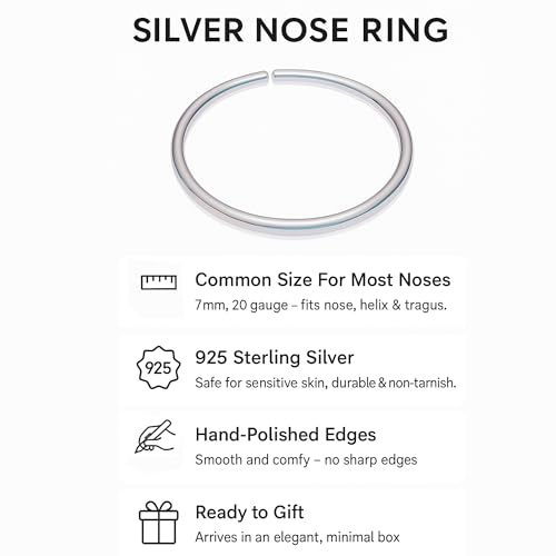 Sterling Silver Nose Ring - Dainty Thin 20 Gauge 7mm Nose Piercing Hoop - 925 Sterling Silver Nose Rings For Women - Handmade Nose Hoops Jewelry - Gift Ready2