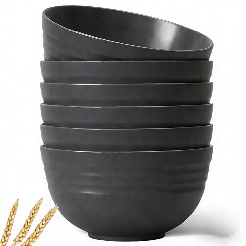 Image of GZTFPQ Plastic Cereal Bowls Set of 6, 24 oz Large Lightweight Soup Bowls, Dishwasher & Microwave Safe Reusable Breakfast Bowl for Cereal Salad Pasta (Dark Grey)