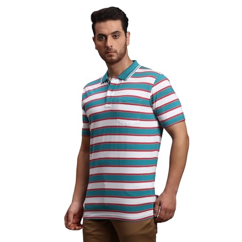 Image of Colorplus Men's Pure Cotton Stripe Pattern Classic Fit Polo Neck Half Sleeve Casual T-Shirt