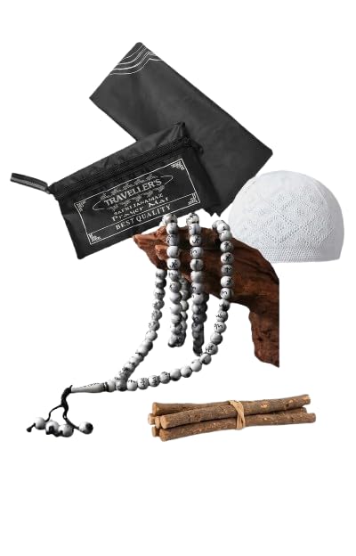 Image of Complete Ibadah Combo Pack, Islamic Gift Set with Nylone Safri Janamaz, 99 Beads Allah Mohammad Tasbih, Cotton Topi and Jaitoon Miswak