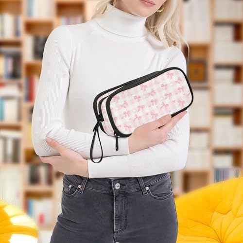 Image of ALAZA Pink Bow Plaid Heart Large Pencil Case, Pen Pouch Pencil Bag with 3 Compartments Pen Holder Organizer Stationery Bag