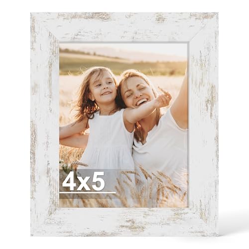 Hongkee 4x5 Picture Frame Made of Real Glass and Wooden Frame Horizontal and Vertical Display for Wall or Tabletop (Distressed White 1 Pack)