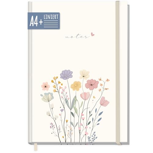 paper&you® Notizbuch liniert A4+ mit Gummiband Flower Joy 156 Seiten, 78 Blatt - liniertes Notebook, Journal, Skizzenbuch, Tagebuch - nachhaltig & klimafreundlich