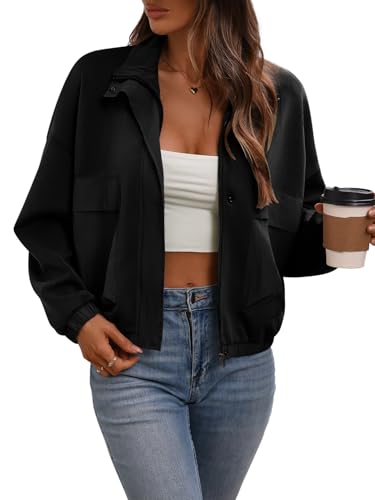 Women's Cropped Oversized Safari Jackets Zip Up Stand Collar Neck Long Sleeve Utility Anorak jacket with Pocket