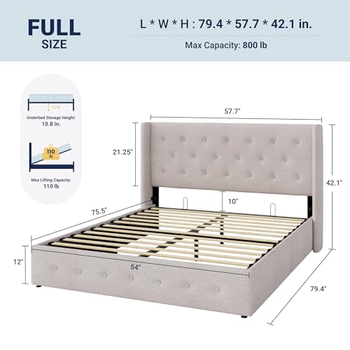 Image of Allewie Full Size Lift Up Storage Bed, Button Tufted Headboard with Wingback, Hydraulic Support, No Box Spring Needed, Light Beige