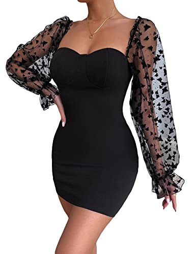 Floerns Women's Sweetheart Neck Mesh Sheer Ruffle Long Sleeve Bodycon Mini Dress Black Solid M #TOP24