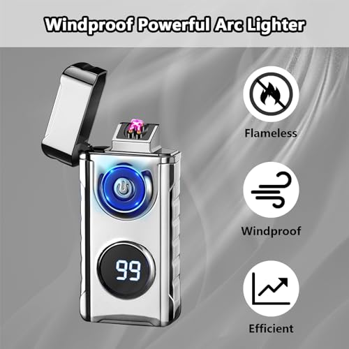 Briquet électrique en métal argenté avec écran LED et double arc plasma - 4