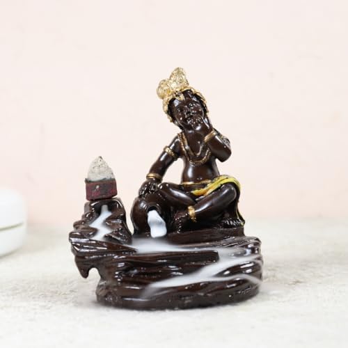 Image of CRAFTAM PolyResin Krishna Smoke Fountain Backflow Waterfall Cone Incense Holder Showpiece Statue with 10 Back Flow Incense Cones (Orange)