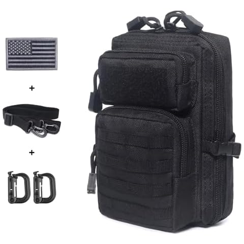 Tactical Molle Pouch Compact EDC Tool Pouch Bag Mini Utility Pouch with US Flag Patch, Shoulder Strap & Two D-Rings (Black) Cover