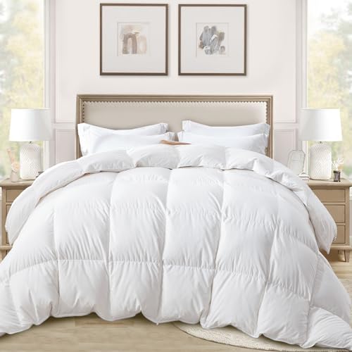 Globon Ultra-Soft Down Feather Comforter King Size,Luxurious Hotel Collection Fluffy Duvet Insert for All Season,Noiseless Shell,700 Filling Power,Medium Weight with Corner Tabs, White