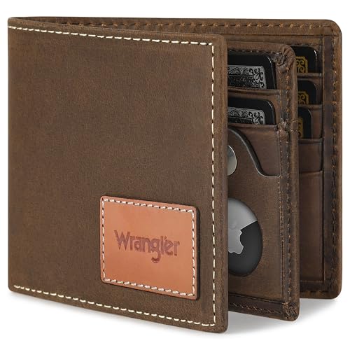 Wrangler Men's Wallet with AirTag Holder, Bifold RFID Blocking Genuine Leather Wallet
