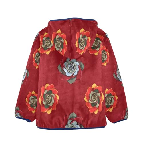 Floral Design on Red Background Toddler Fleece Jacket Girl Boys Hooded Fleece Jacket Coat Warm Outwear Zip-up 3-10T2