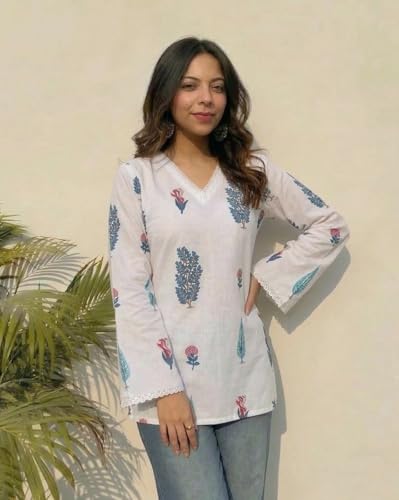 Image of ANNI Designer Women's Viscose Blend Printed Short Kurti | Ethnic Printed Tunic Top | V Neck Lace Detail | Full Sleeve Hip Length Kurta Top for Women