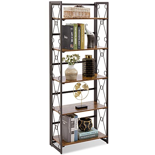 Vecelo 5 Tier Folding Bookshelf, 2-Step Assembly Foldable Bookcase With Standing Display Shelves, Collapsible Metal Frame With Lace X Shape And Anti-Toppling Design, Antique Brown, 1 Set #TOP10