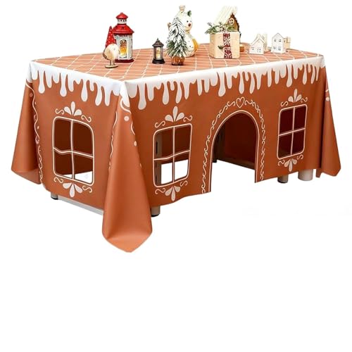 Christmas Decorations Gingerbread Playhouse Tablecloth, Reusable Washable Tablecloth for Kids Table Tent Indoor & Outdoor, Xmas Family Gathering Winter Holiday Party Supplies (120X150CM)