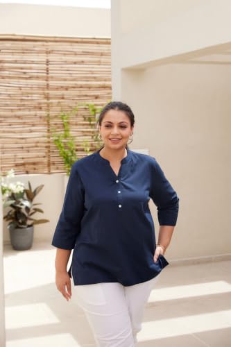 Image of SAADAA Women Short Kurti Airy Linen Regular Fit Kurta with 3 /4th Sleeves, Mandarin Collar, Side Slit Perfect for Casual, Formal, and Ethnic Wear