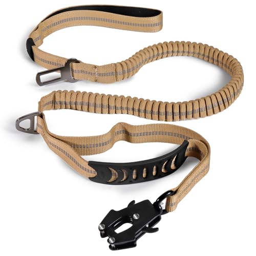 BOJLY Correa elástica táctica resistente para perros, correa de perro de 4 a 6 pies sin tirar con mosquetón de liberación rápida, correas reflectantes para absorber los golpes con cinturón de asiento