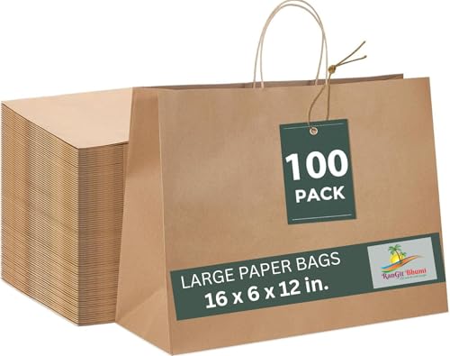 Image of RanGit Bhumi Kraft Paper Bags with Handles - 100pcs 16 inchx6 inchx12 inch Large Brown Paper Carry Bags for Shopping Retail Merchandise, Party Favor Return Gift Bag, Disposable Covers (16x6x12 in Brown, 100 pack)